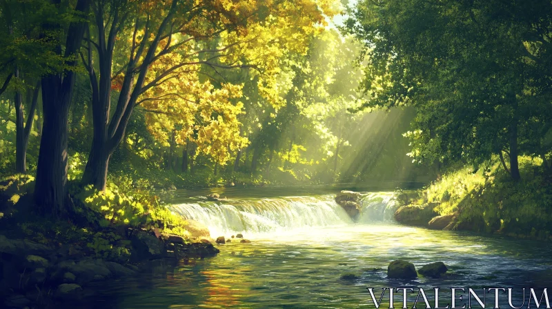 AI ART Serene Forest River Waterfall