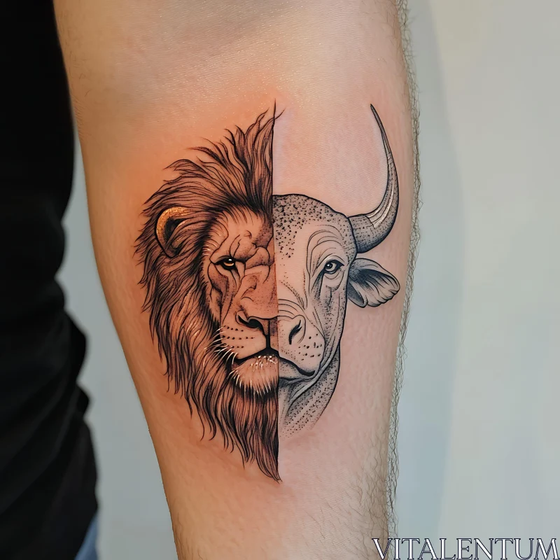 Dual Animal Tattoo: Lion and Bull AI Image