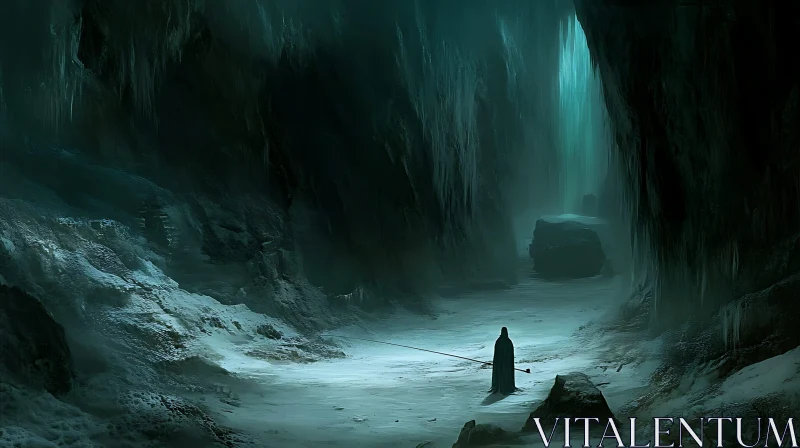 Icy Cave Passage with Solitary Wanderer AI Image