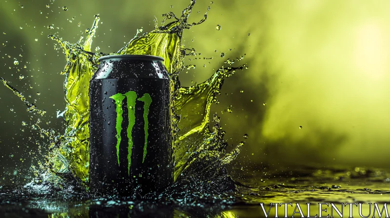 AI ART Black Can of Energy Drink Amidst Green and Yellow Splash