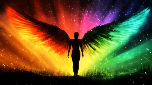 Winged Silhouette Against Colorful Sky