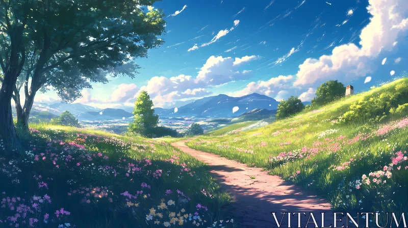 Floral Meadow Path Under Blue Sky AI Image