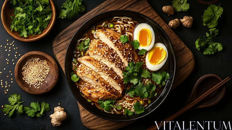 Juicy Chicken Ramen with Soft-Boiled Eggs and Cilantro AI Image