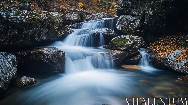 AI ART Serene Cascade Over Mossy Rocks in Fall