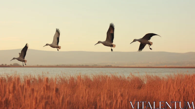 Birds in Flight Over Water: A Prairiecore Landscape AI Image