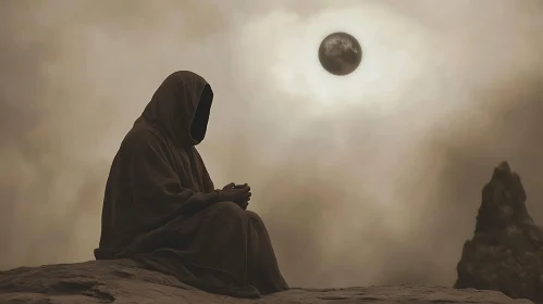 Hooded Figure Meditating Under Moonlit Sky