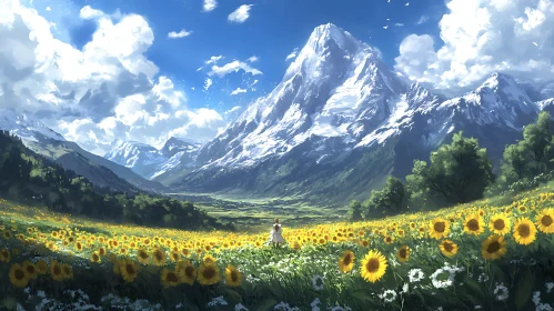 Mountain and Sunflowers Landscape