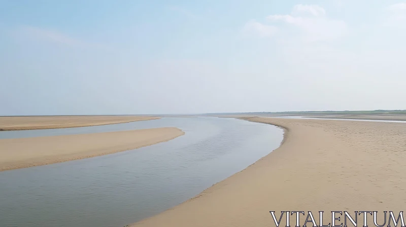 Tranquil River with Sandy Banks Under Clear Sky AI Image