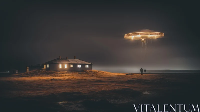 Dreamlike UFO Hovercraft Over Secluded House at Night AI Image