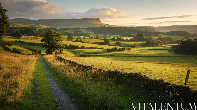 AI ART Scenic Green Fields and Stone Wall Path