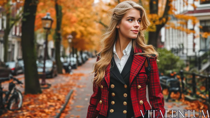 Enchanting Blonde Woman in Red Checkered Jacket Walking Down Street AI Image