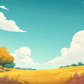 Cartoon Field Under Cloudy Sky