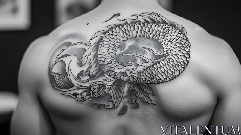 Detailed Fish Tattoo on Back in Monochrome AI Image