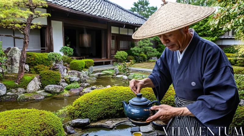 Traditional Tea Preparation in Serene Garden AI Image