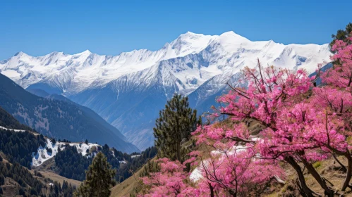 Pink Tree in Bloom with Snowy Peaks - Colorful Composition