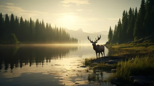 Tranquil Deer by Mountain Lake at Sunrise