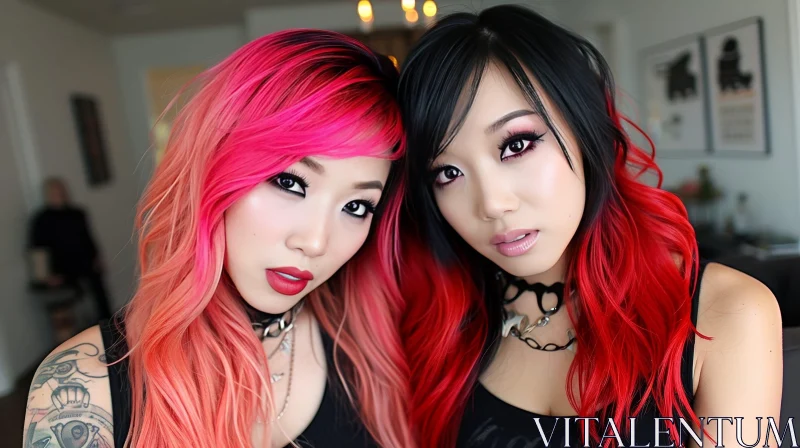 Vibrant Hair Colors: A Captivating Photo of Two Young Women AI Image