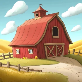Cartoon Red Barn Amidst Golden Fields