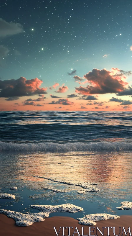 Serene Sunset over Ocean with Stars and Clouds
