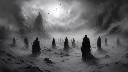Cloaked Figures in Monochrome Wasteland