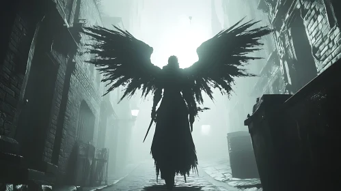 Winged Figure in Misty Urban Setting