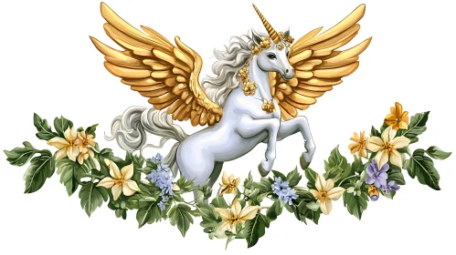 Golden Winged Unicorn with Floral Adornments