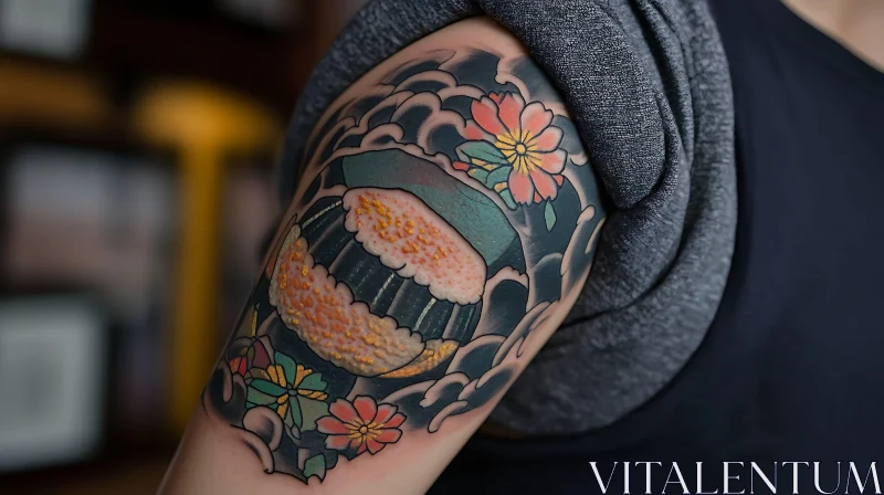 Sushi Roll and Flower Arm Tattoo