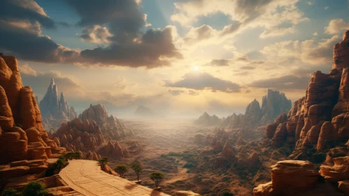 3D Rendered Rocky Desert Landscape with Golden Light