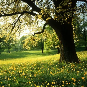 Field of Yellow Flowers Underneath a Tree