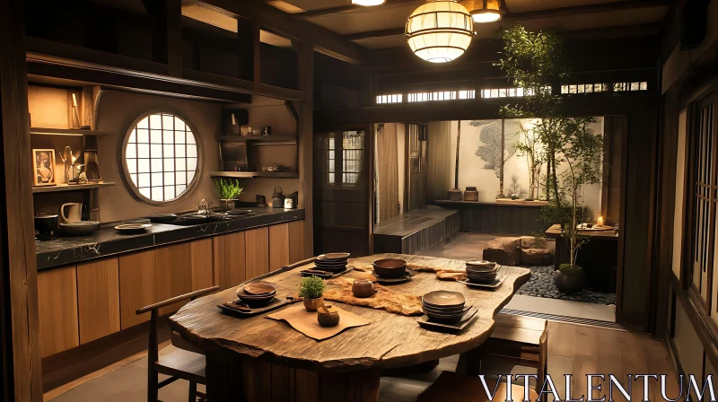 Rustic Wooden Table in Japanese Interior