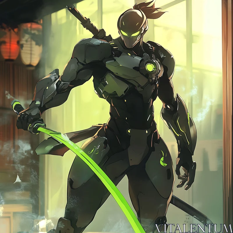 Futuristic Cyborg with Green Glowing Sword