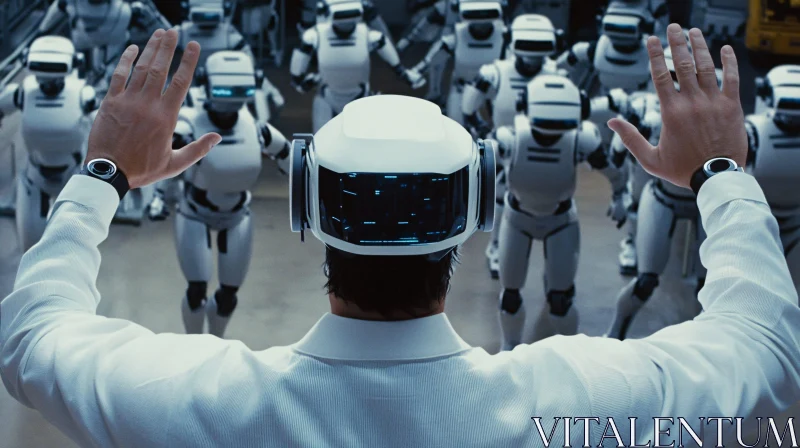 Man with VR Headset Among Robots AI Image