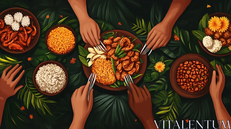 Top-View Dining with Hands and Dishes on Green Leaves AI Image
