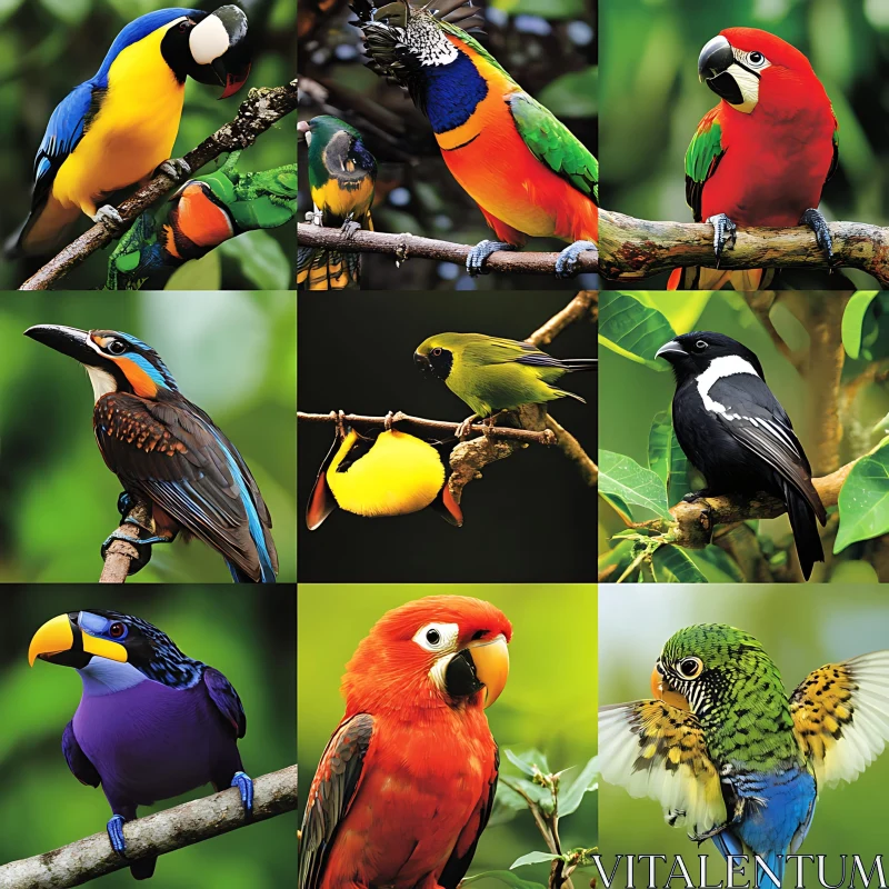 Collage of Nine Colorful Exotic Birds