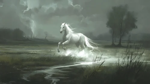Ethereal White Horse in Misty Meadow