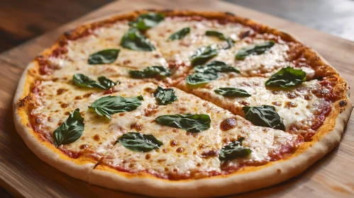 Cheese Pizza with Fresh Basil on Wooden Board