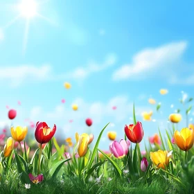 Colorful Tulips Field on a Sunny Day