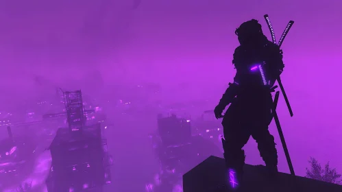 Cyberpunk Warrior Silhouette in Neon City