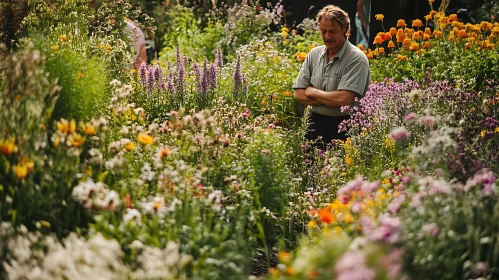 Blooming Flowerbed with Man