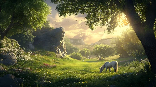 Horse Grazing in Sunny Meadow