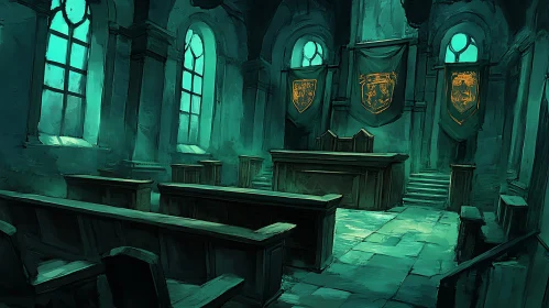 Teal Lit Hall with Benches and Banners