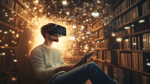 Man with VR headset in virtual library