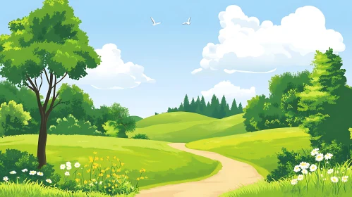 Peaceful Countryside Scene with Birds