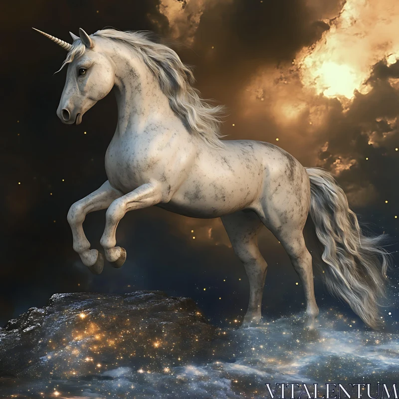 White Unicorn Against Stormy Sky