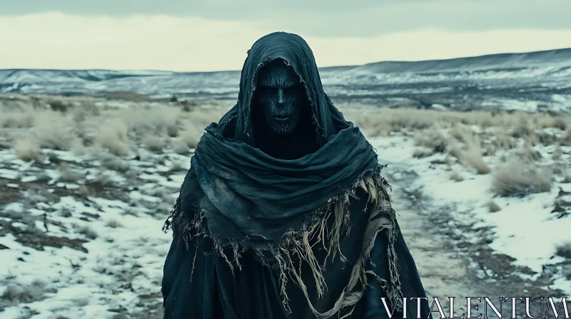 Dark Figure in Snowy Landscape