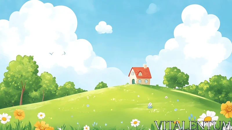AI ART Cartoon House Landscape with Flowers