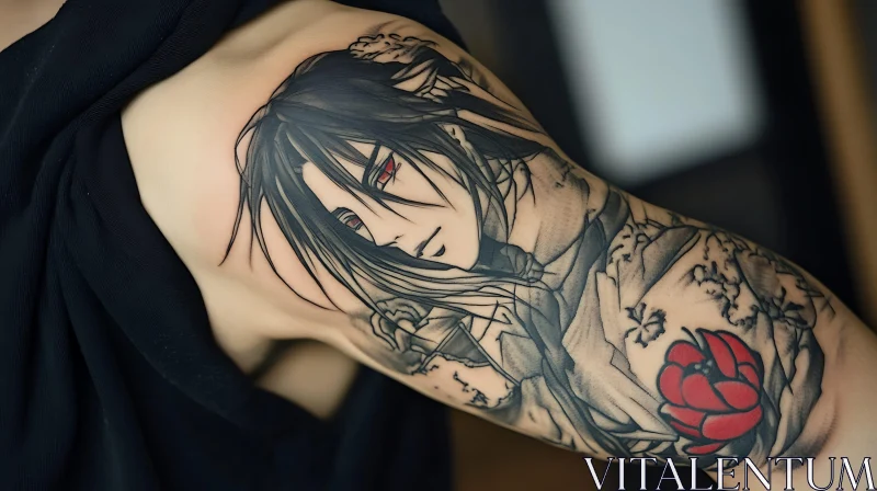 Intricate Black and White Anime Tattoo with Vivid Red Flower