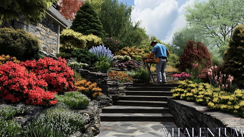 Lush Garden Scene with Gardener