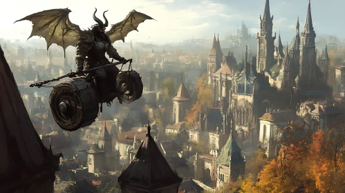 Fantasy Demon in Flight Over Old Town