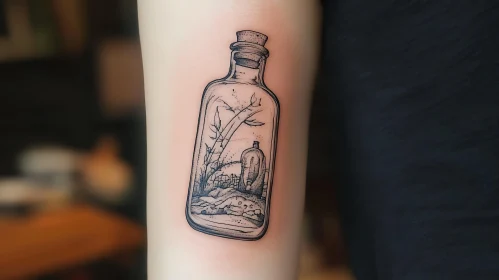 Serene Landscape Tattoo Inside a Bottle